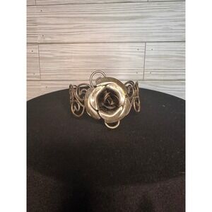 Silver Tone Rose Cuff Bracelet Womens Excellent Filigree Floral Statement